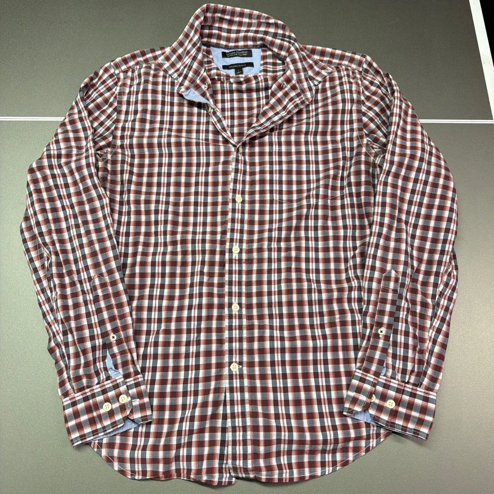 Banana Republic Custom 078 Wash Shirt Large‎ Tailored Slim Fit Plaid Red Blue